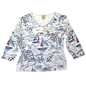 Jess & Jane Sailboat Nautical 3/4 Sleeve V-neck Top Size L
